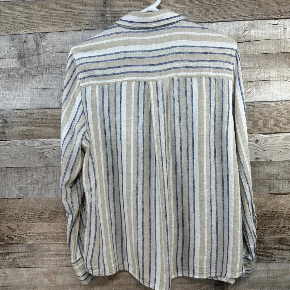 Banana Republic Linen Blend Striped Button Up Shirt Womens Medium Beige Navy - Picture 6 of 7